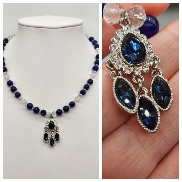 Monet Jewelry - Monet Fiery Sapphire Blue Rhinestone Glass Bead Clear AB Chez Bead Necklace Set